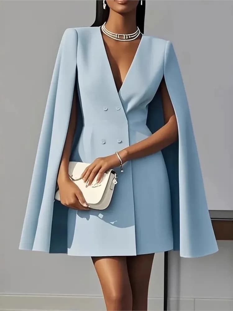 Elegante abito doppiopetto con mantella a scialle tinta unita per le donne in autunno moda mini abiti neri con scollo a V profondo Robe Femme