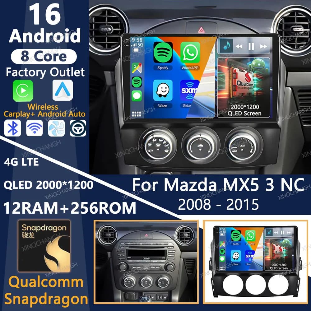 Autoradio Android 16 per Mazda MX-5 MX5 III 3 NC 2008 - 2015 QLED Qualcomm BT 2DIN 4G WIFI Carplay Auto Lettore Multimediale Video