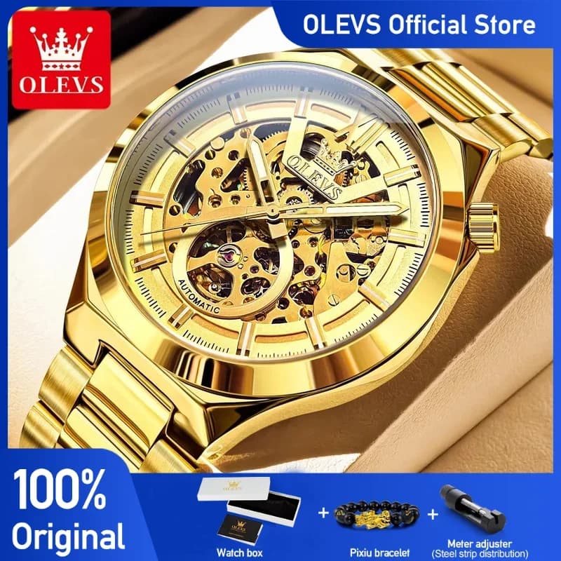 OLEVS 6722 Mens Watch Luxury Skeleton Automatic Mechanical Watch Stainless Steel Waterproof Watch Box Gift Original Reloj