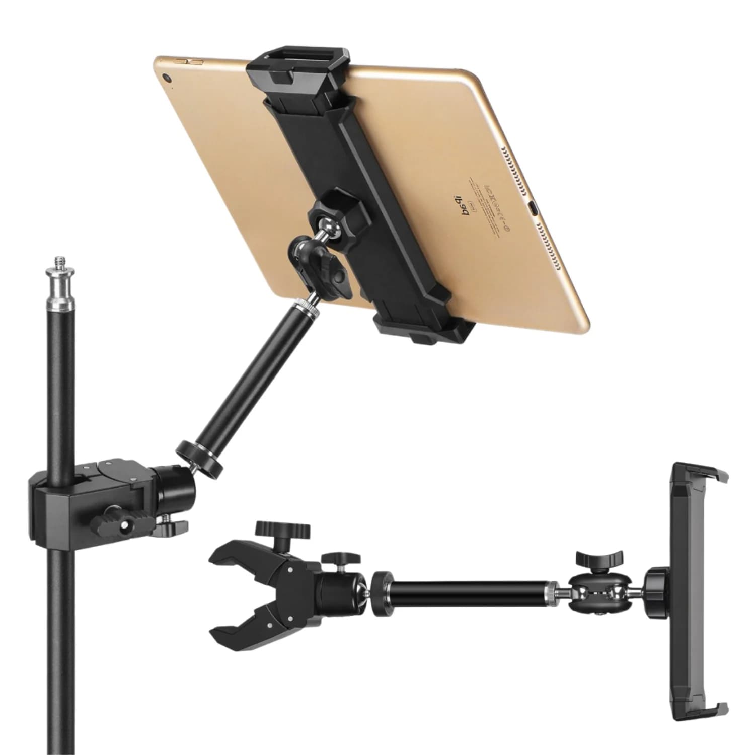 360° Swivel Tablet Phone Holder Mount Clamp for Bed Treadmill Wheelchair Stroller Golf Cart Poles Fits 5"-13" Phones & Tablets