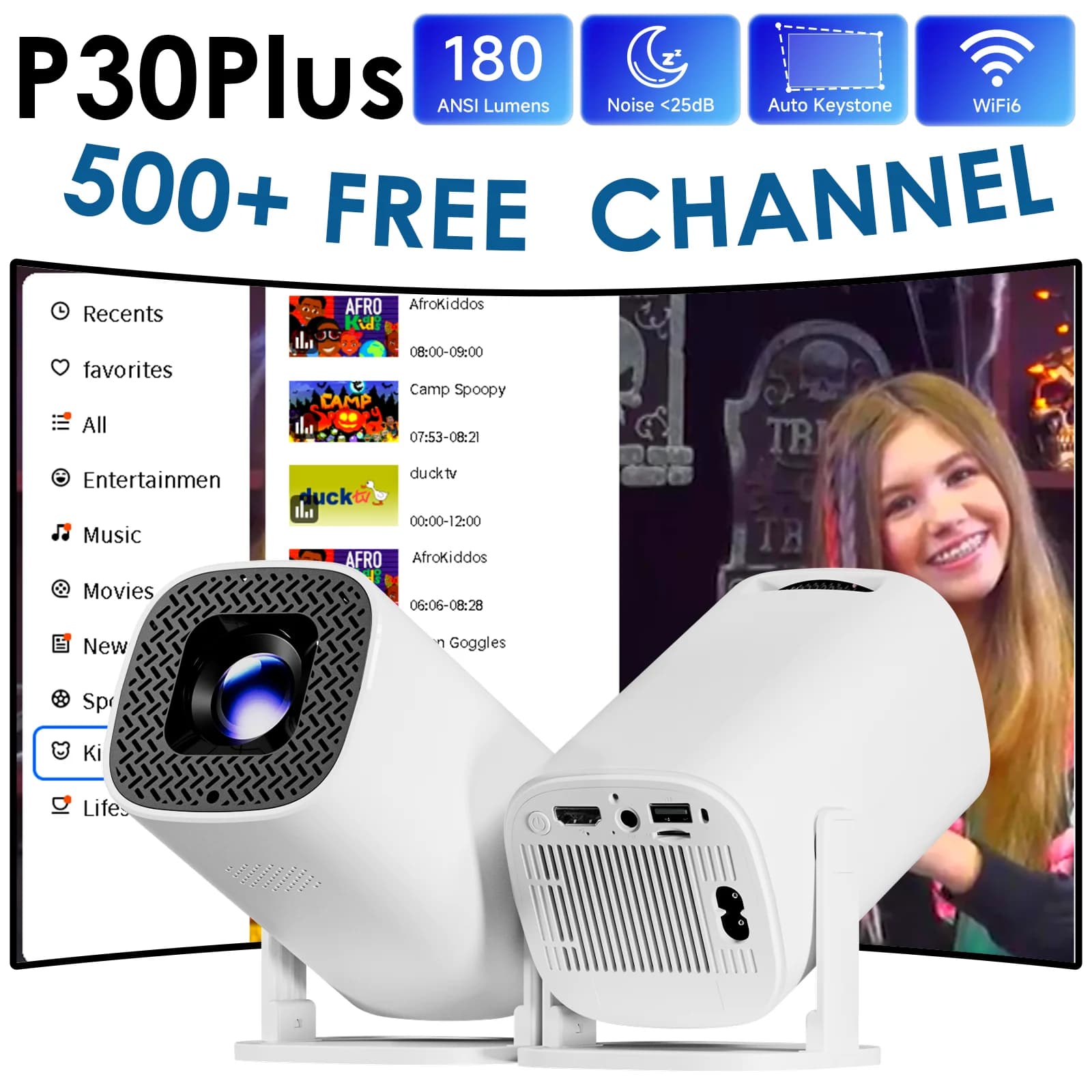 Mini Proiettore Smart P30PLUS 4K 1280 * 720P con oltre 500 Canali Live Gratuiti, Supporto WiFi6, Proiettore Portatile per Home Theater