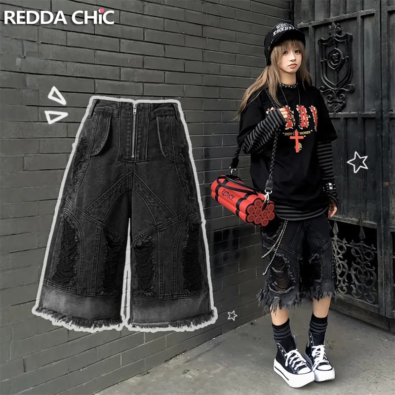 REDDACHiC Boyfriend Black Jean Shorts Women Grunge Punk Black Distressed Holes Low Rise Denim Bermuda Shorts Hiphop Streetwear