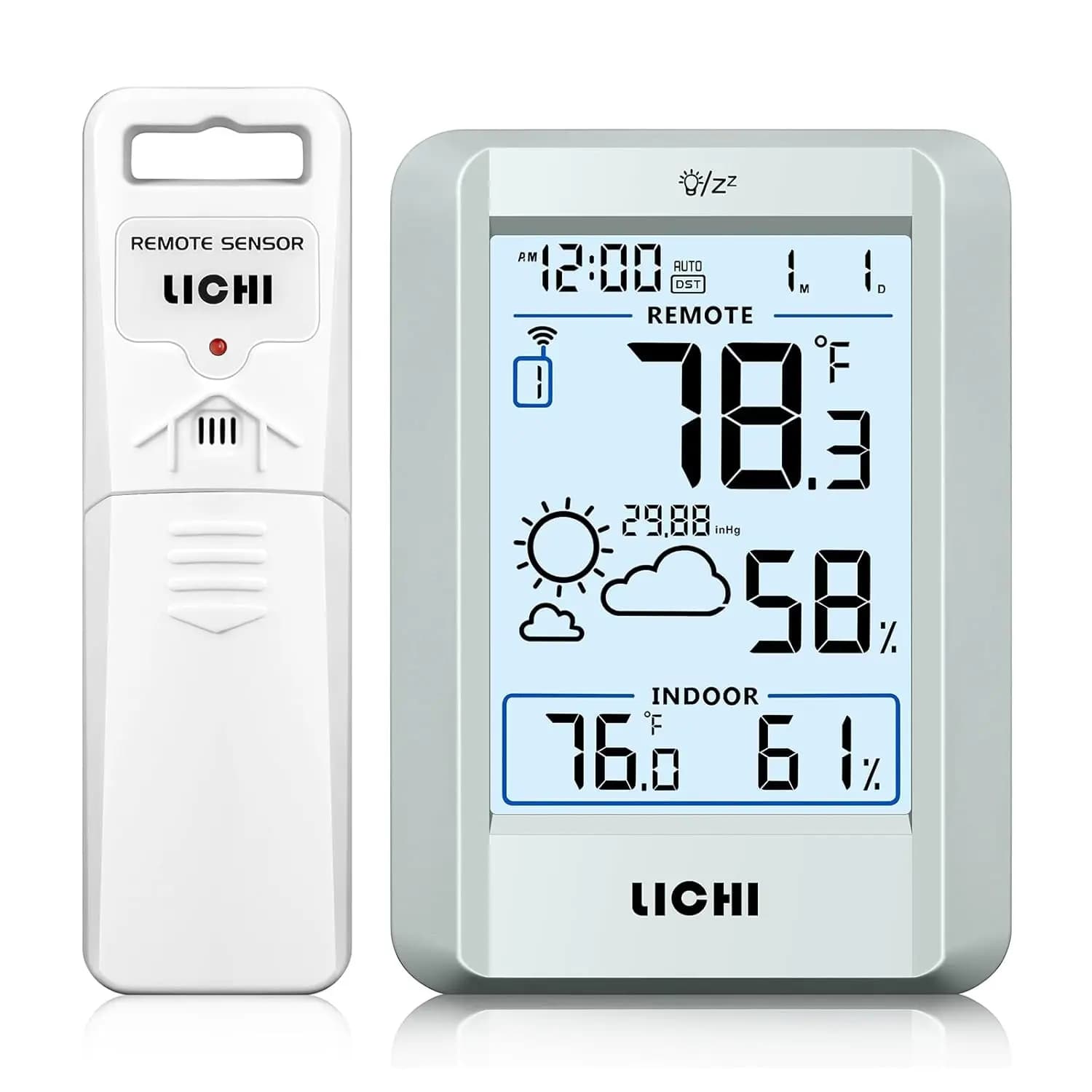 Stazione meteorologica wireless con termometro e igrometro per interni ed esterni, portata di 100 metri, display retroilluminato
