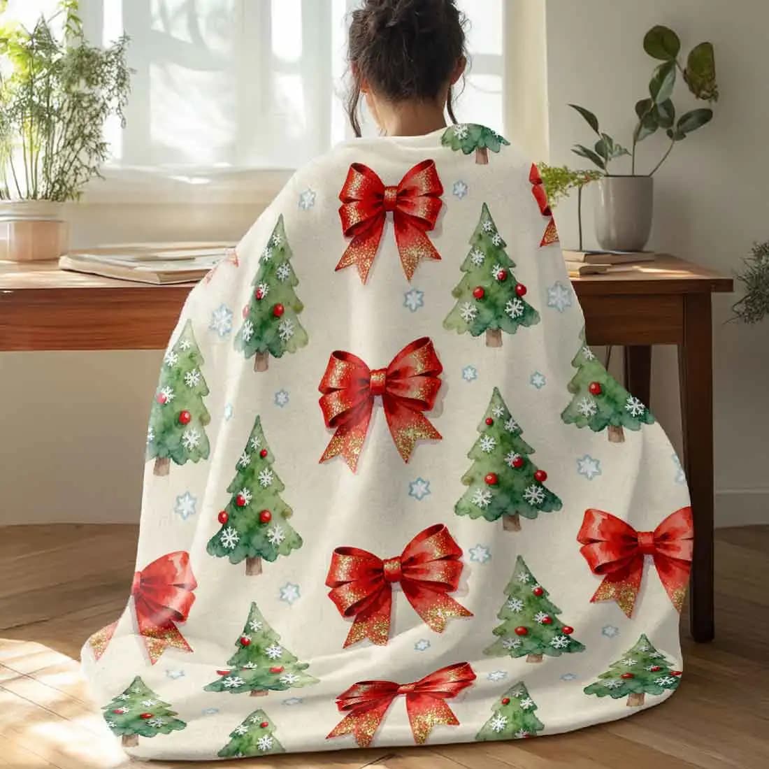 Coperte da tiro con fiocco rosso per albero di Natale invernale, calda e morbida coperta al ginocchio in peluche per l'inverno, ufficio, camera da letto, divano, regali da viaggio, decorazioni per la casa