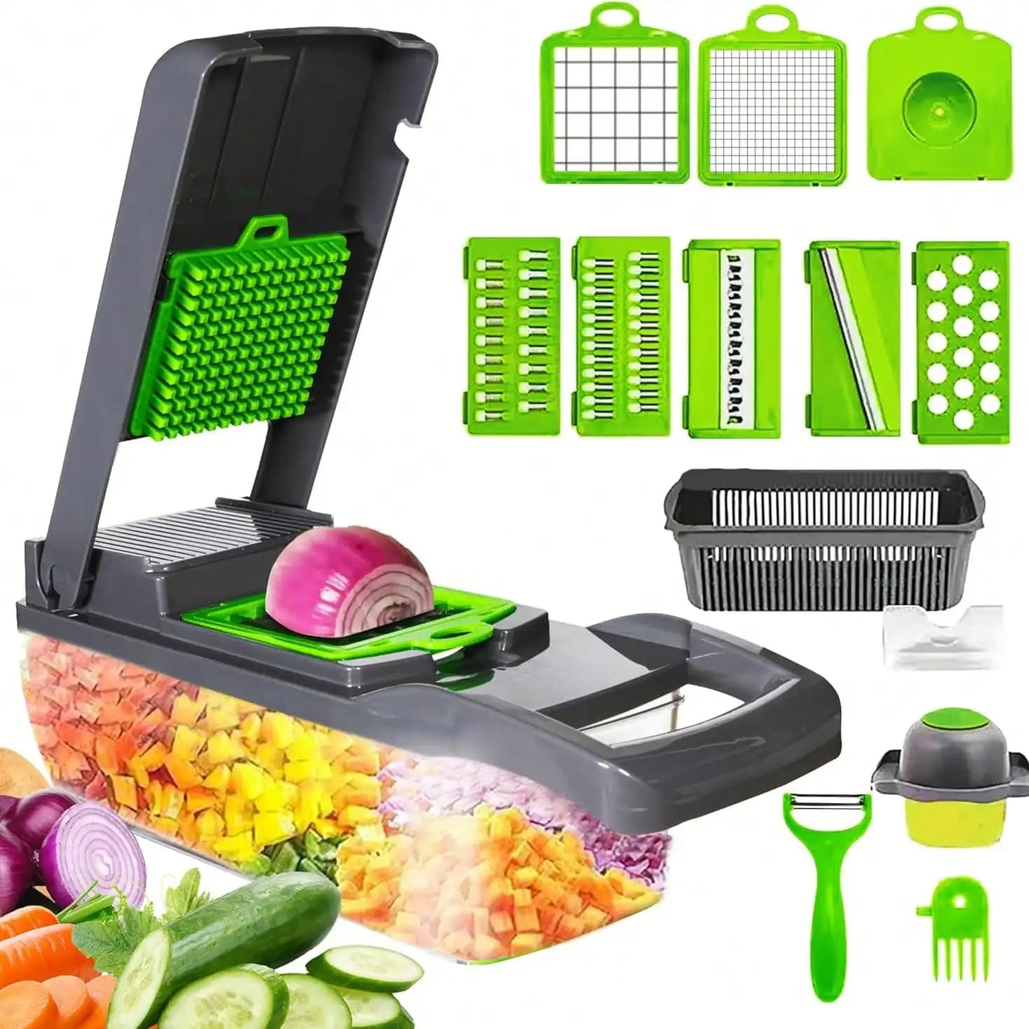 15 in 1 Vegetable Chopper Multifunctional Food Slicer Dicer Onion Cutter with Container Stainless Steel Blades Kitchen Fruit Veggie Cutter