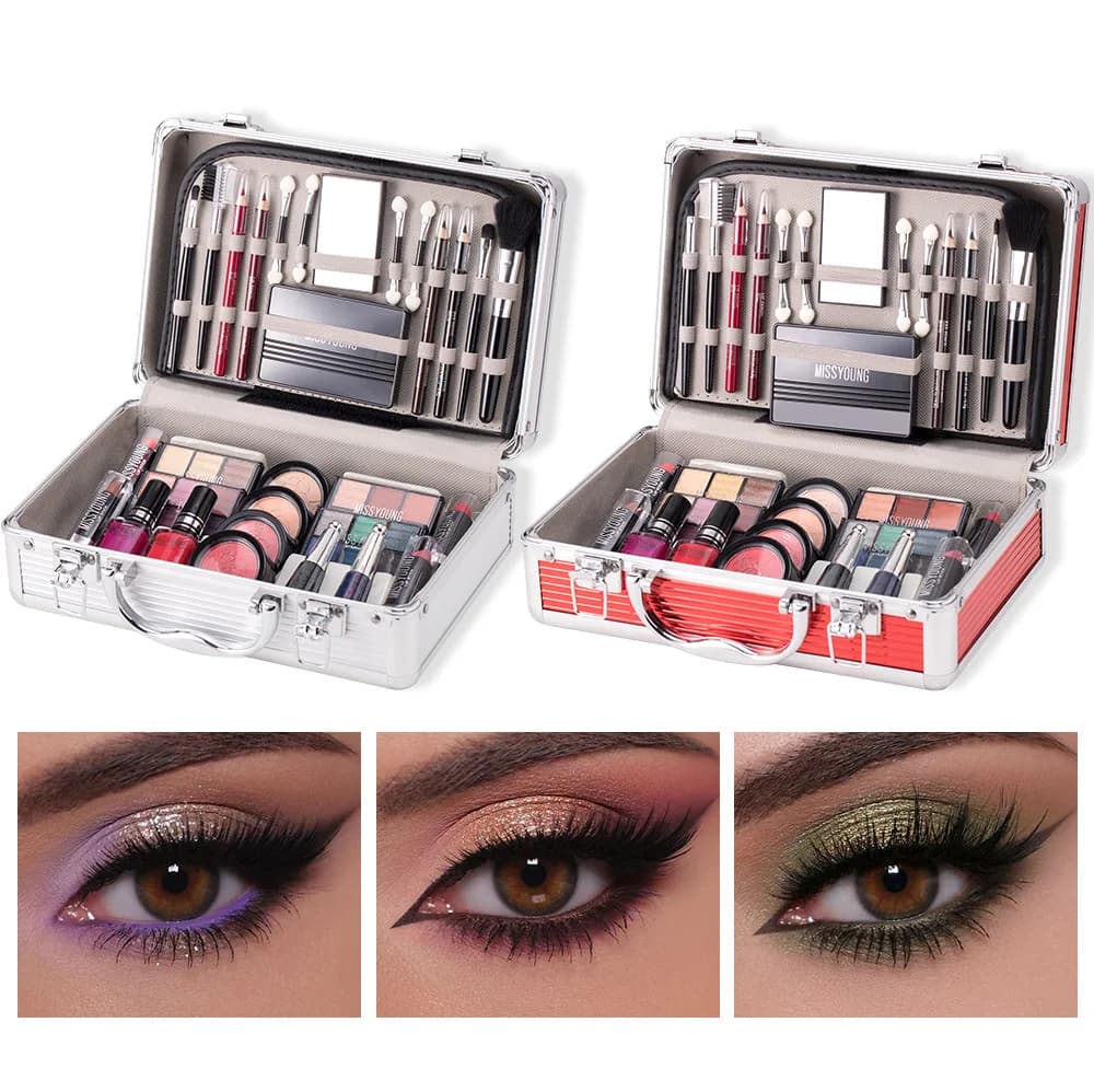 Makeup Case Box Face Cosmetic Set with Blush Eyeshadow Eyebrow Pencil Nail Polish Lipstick Portable All-in-One Beauty Kit