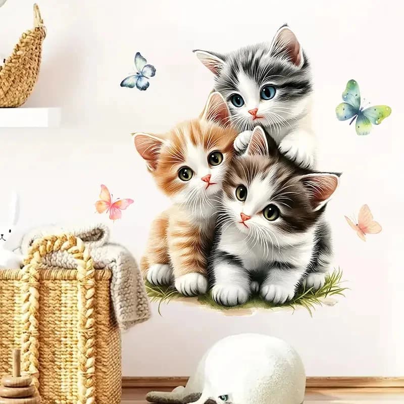 Tre gatti con adesivi a farfalla Decorazione per soggiorno, parete, camera da letto, toilette e decorazioni per la casa Decalcomanie per auto autoadesive