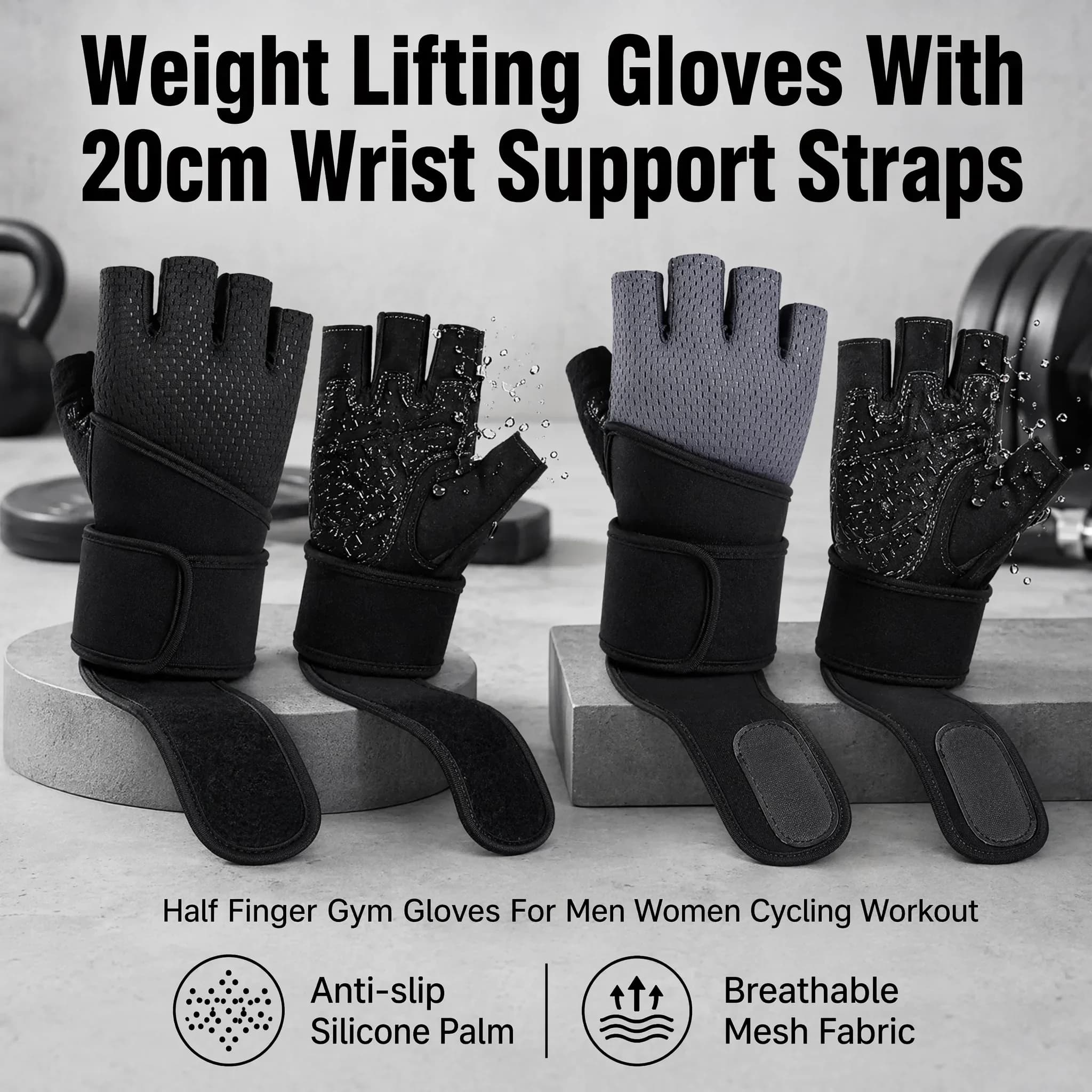 Anti-slip gym gloves with wrist support straps, training protection, half finger movement, anti-cocoon palm protection.