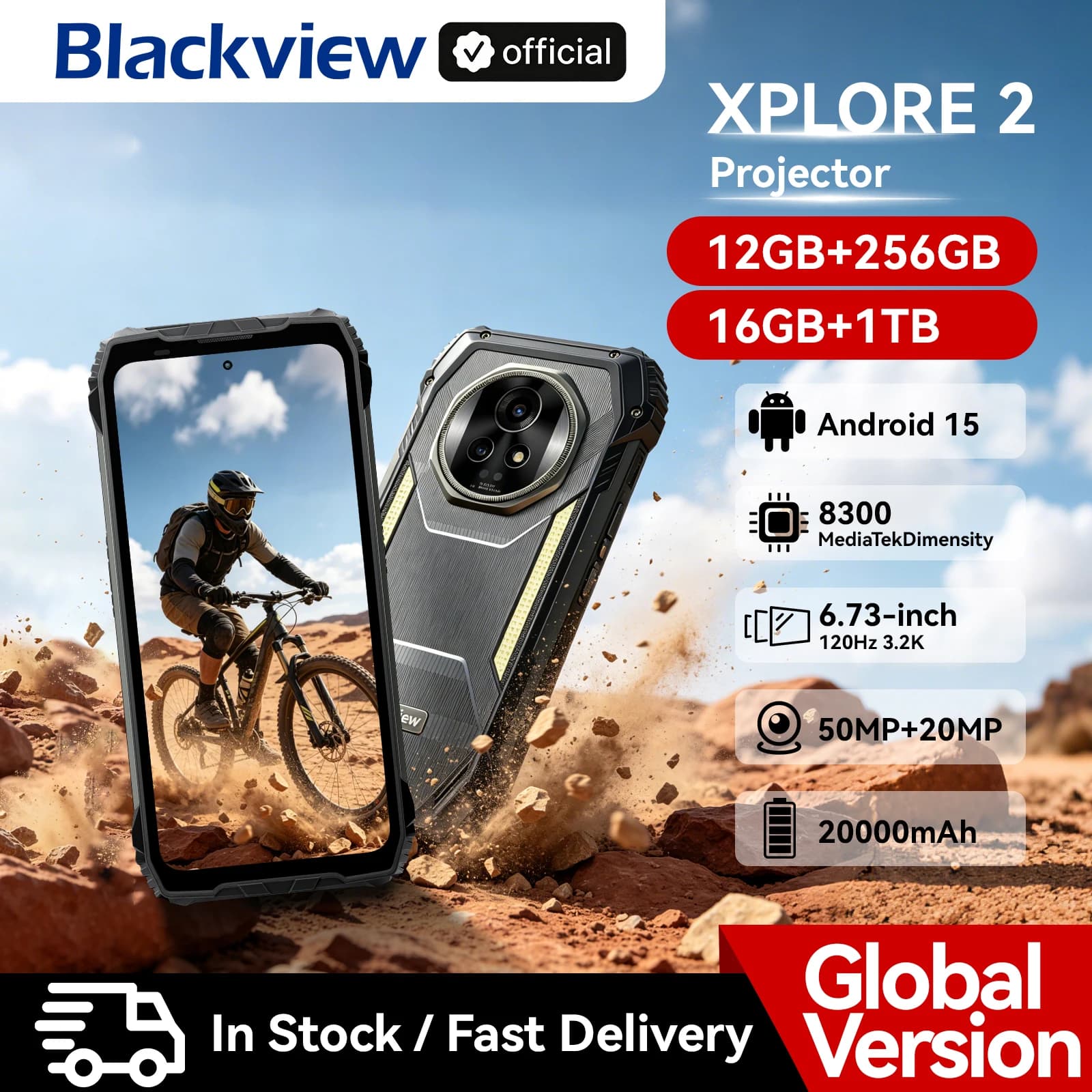 Blackview XPLORE 2 Smartphone Rugged 5G AI con Proiettore, Display AMOLED 3.2K da 6.73", Fotocamera 50MP, Batteria 20000mAh, Telefono Mobile per Esterni con NFC