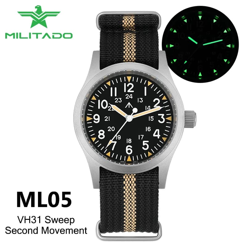 Militado ML05 Field Watch 38mm VH31 Sweep Movimento al quarzo Cristallo di zaffiro 100M Resistente all'acqua Corona avvitata Orologi da uomo