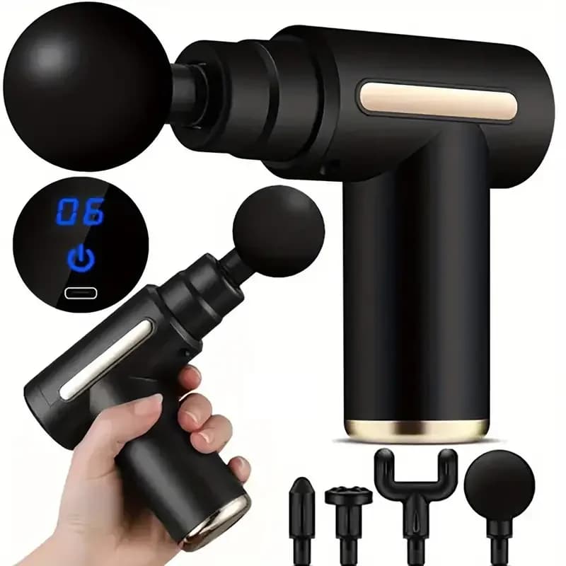 Pistola per Massaggio Portatile Nera, Massaggiatore Muscolare a Percussione Profonda, con 4 Testine Intercambiabili - Ricaricabile USB, Ergonomico