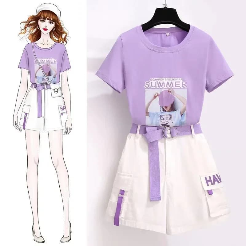 2025 Summer New Casual Short Women's Correspondence Set Printed T-Shirt Pants Two Pieces Korean Chic High Waist Shirt Pants Dress
