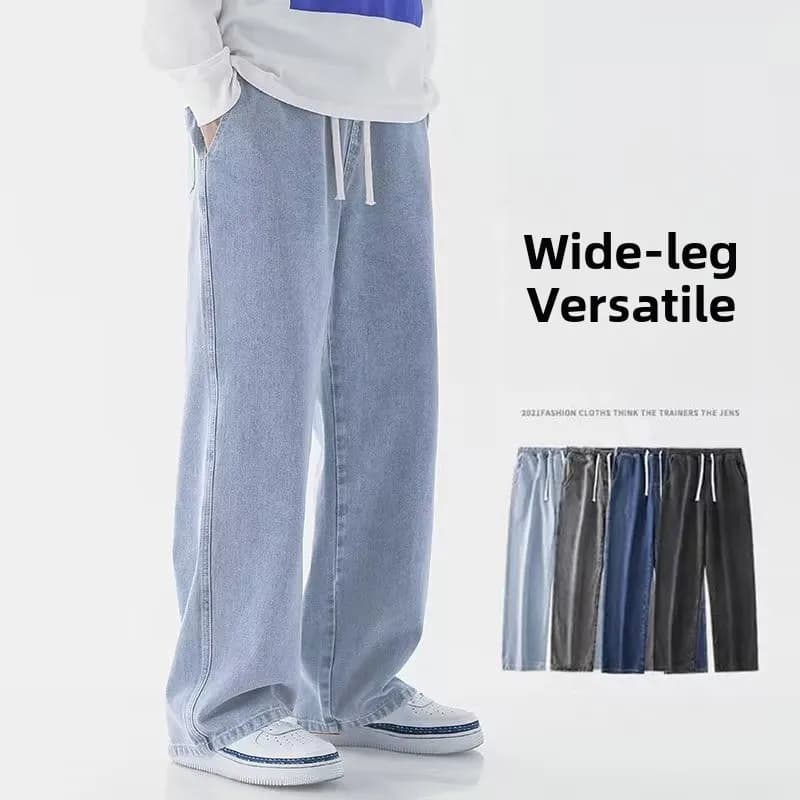 Light Blue Loose Wide Leg Jeans for Men Summer Thin Elastic Casual Trendy High Street Straight Long Pants Cotton 100%
