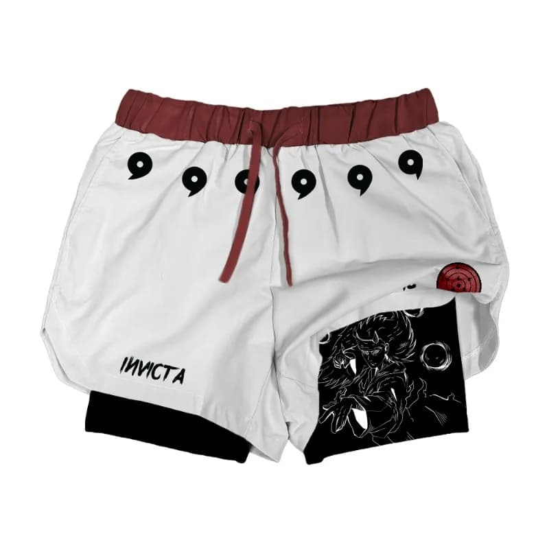 Pantaloncini a Compressione 2-in-1 Anime Madara Uchiha Six Paths, Pantaloncini Sportivi Estivi ad Asciugatura Rapida con Stampa Six Tomoe, Traspiranti