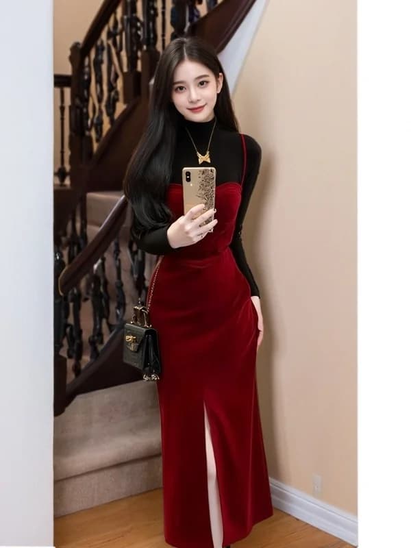 Elegante Abito in Velluto Rosso Vino Senza Spalline e Top Lavorato a Maglia, Set Due Pezzi Estivo alla Moda, Comodo in Misto Cotone a Maniche Lunghe