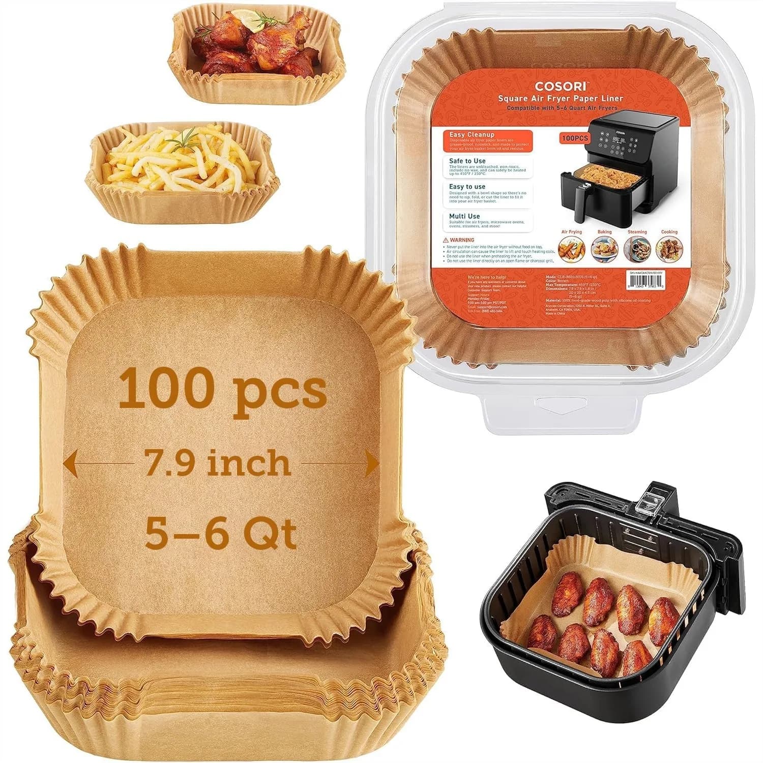 Fodere per friggitrice ad aria, 100 fodere di carta usa e getta quadrate, rivestimento in silicone antiaderente, 7,9 pollici non sbiancate, per uso alimentare, resistenti a