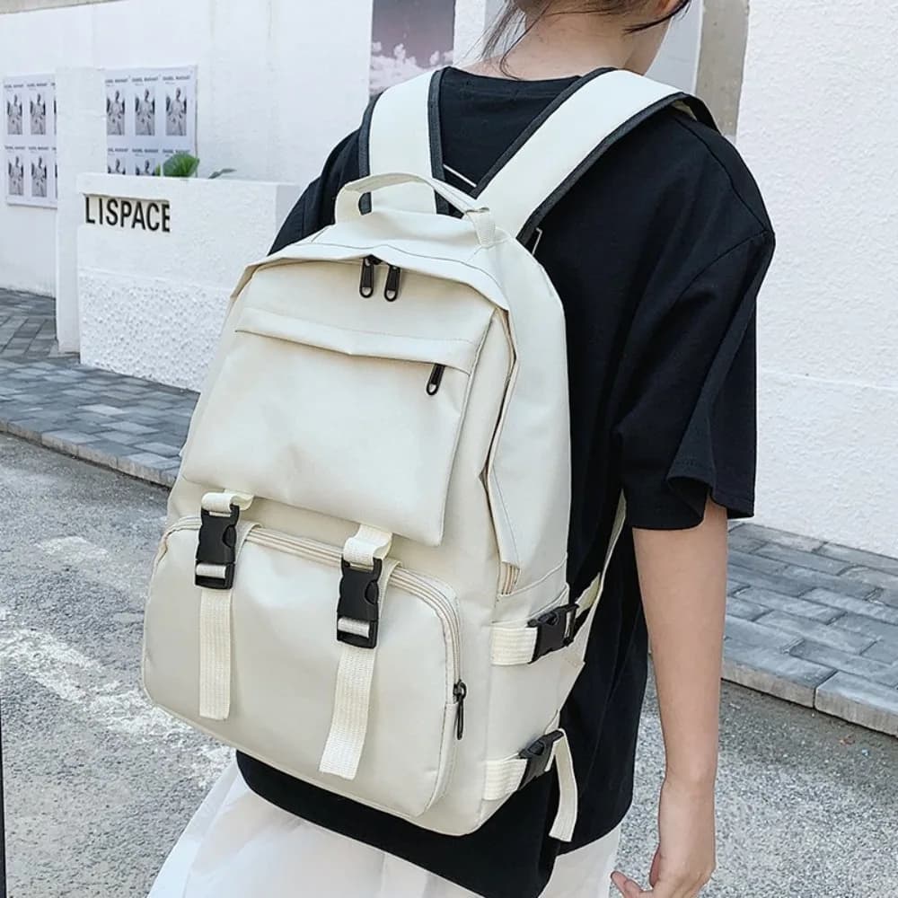 Simple Large Capacity Students Backpack Solid Color Multi Pocket Canvas School Bag Harajuku Nylon Shoulders Bag Teenage
