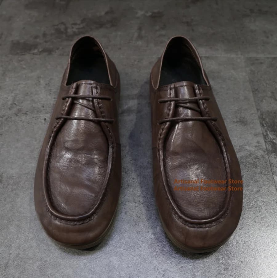 Brown Soft Leather Lace-Up Loafers Men Casual Flat Shoes Height Increasing Round Toe Laced Driving Shoes Trendy Men's Shoes