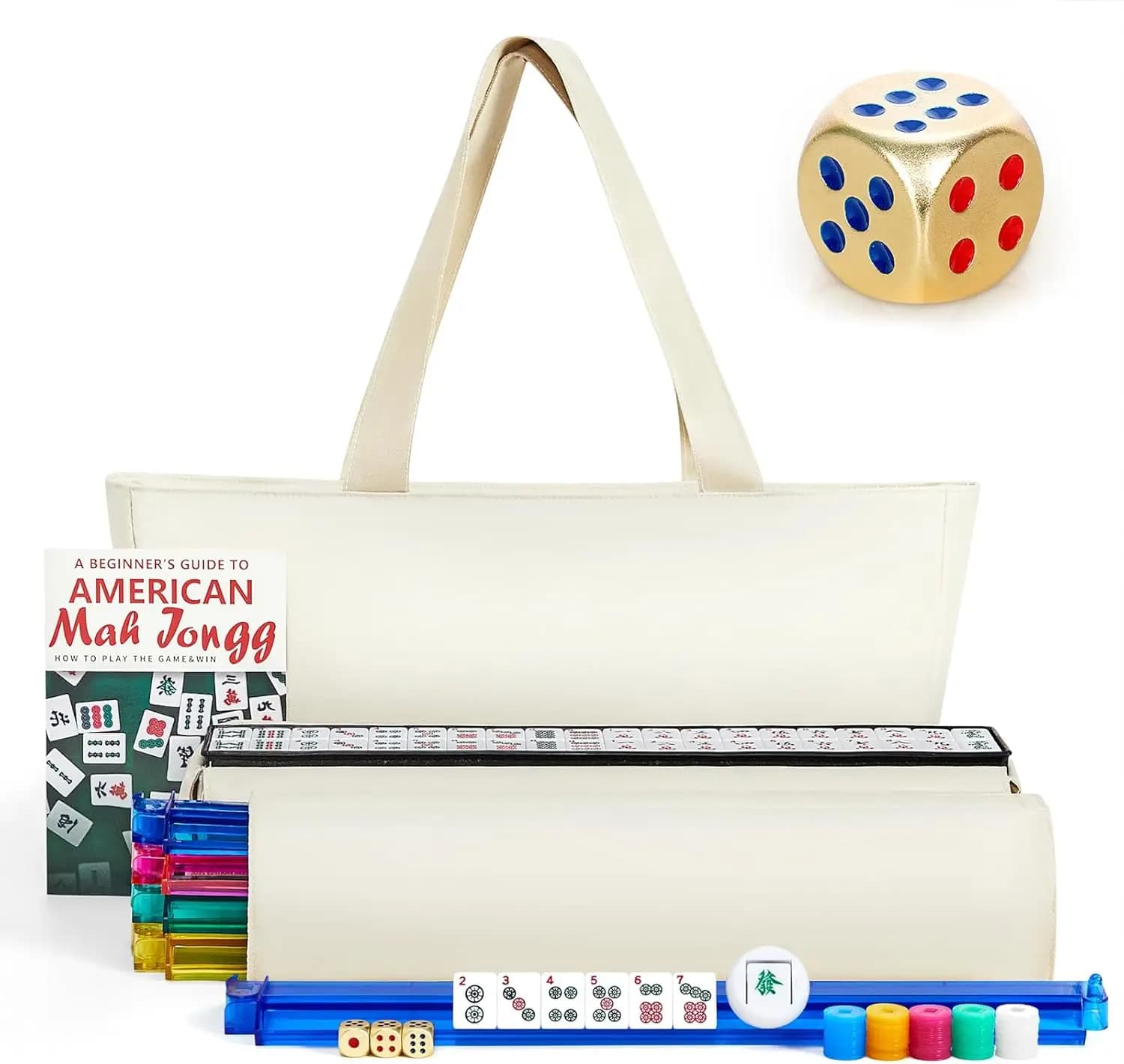 Set Mahjong Americano 166 Tessere con Borsa, 4 Supporti, Dadi Dorati, Bianco