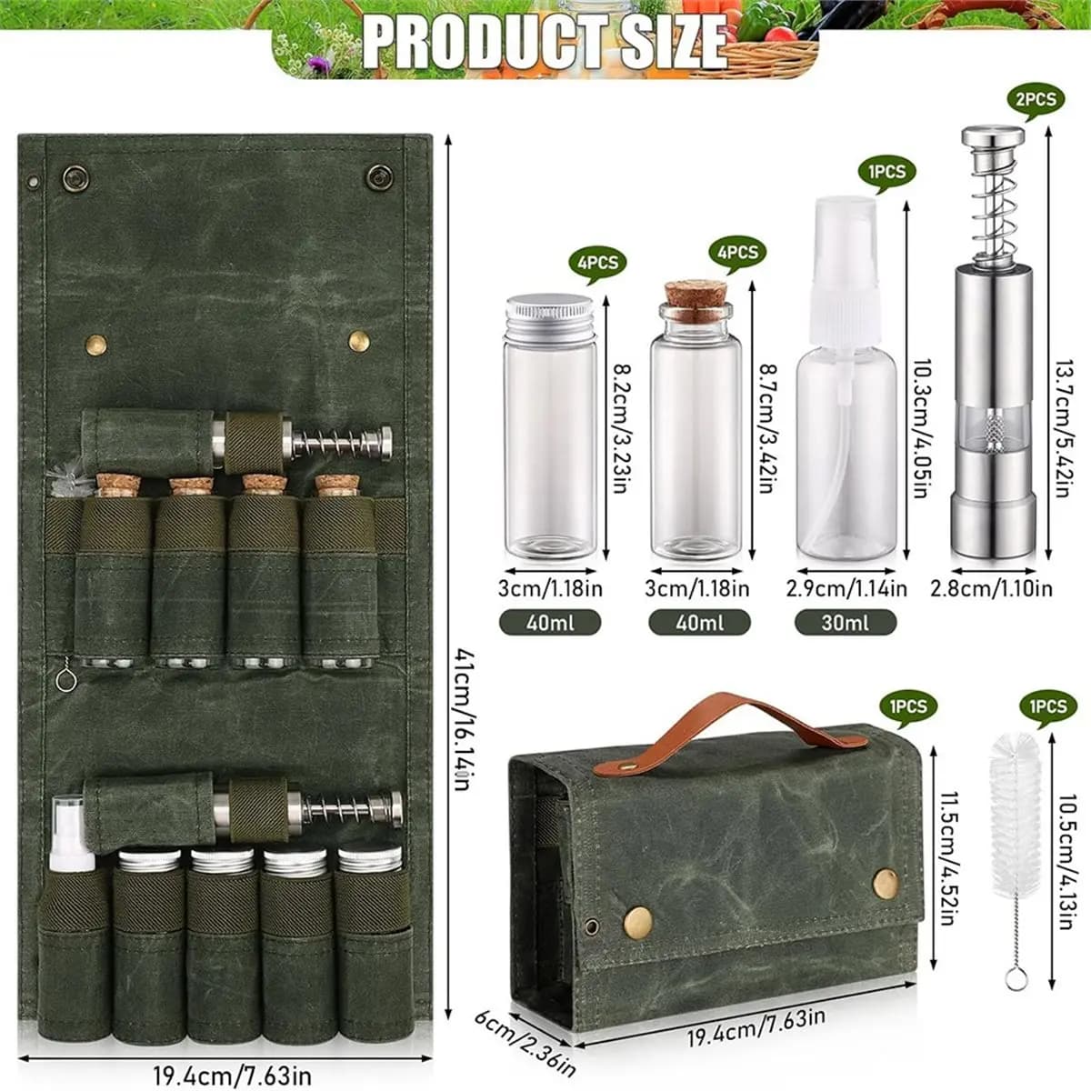 【AT48】 NUOVO Set Portatile di Spezie per Viaggi e Campeggio, Kit con 8 Barattoli, 2 Macinapepe/Sale, 1 Set Spray per Olio