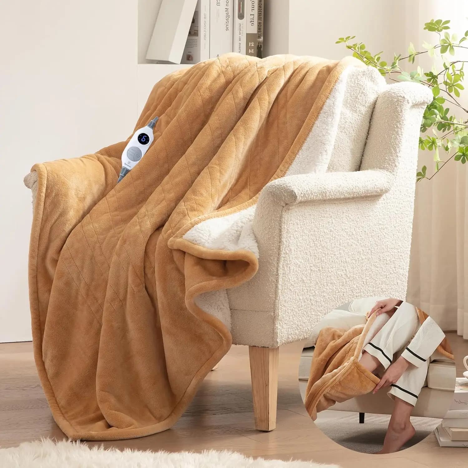 Coperta elettrica riscaldata con tasca per i piedi, flanella ultra morbida a Sherpa, 6 livelli di calore e timer, lavabile in lavatrice, marrone