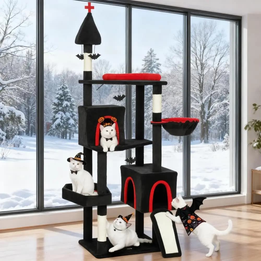 Tiragraffi per Gatti Nero a 6 Livelli con Cuccia, Palla Soffice e Cotone, per Interni, per Gattini, 23.6x19.3x77.6 pollici, Personalizzabile