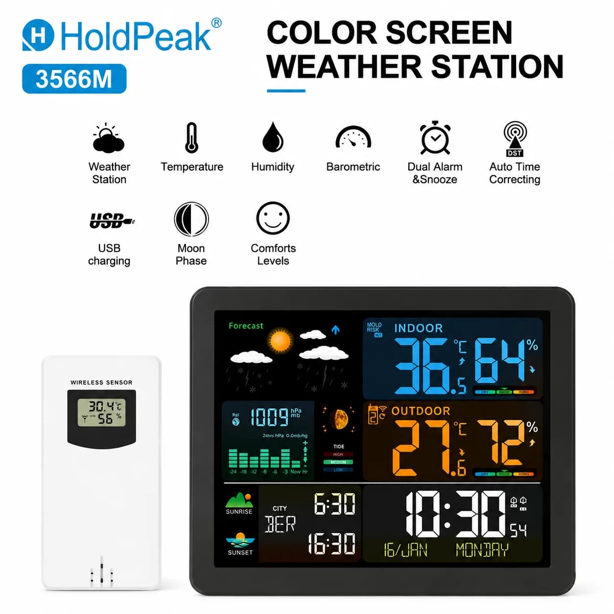 Wireless Digital Weather Station Clock Indoor Outdoor Temp Humidity Monitor Forecast Alarm Moon Phase Sunrise Sunset for Home