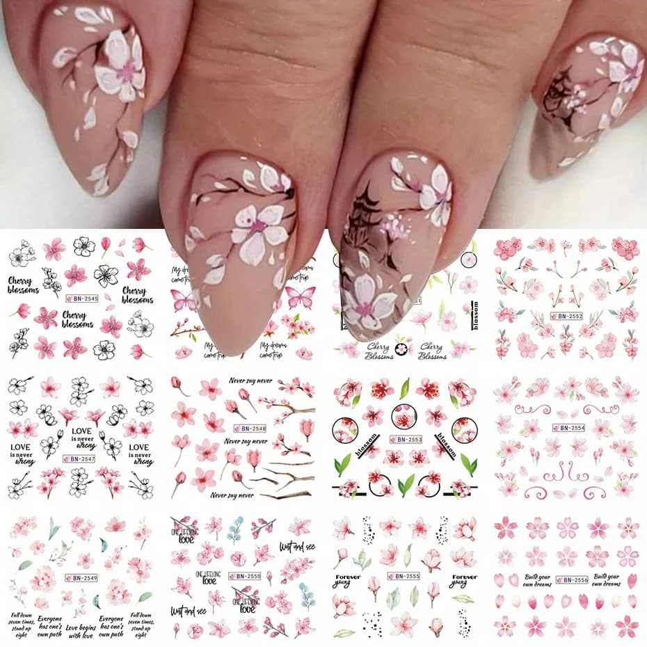 12 pezzi cursori per unghie con acqua di fiori di ciliegio rosa inverno capodanno Sakura adesivi con foglie floreali accessori per ciondoli fai da te decorazioni per manicure