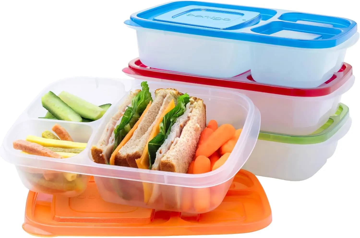 Contenitori per il pranzo impilabili originali - Contenitori per alimenti riutilizzabili a 3 scomparti per bambini e adulti - Bento Box per la preparazione dei pasti, scuola e lavoro - Senza BPA, set da 4 (Classico)