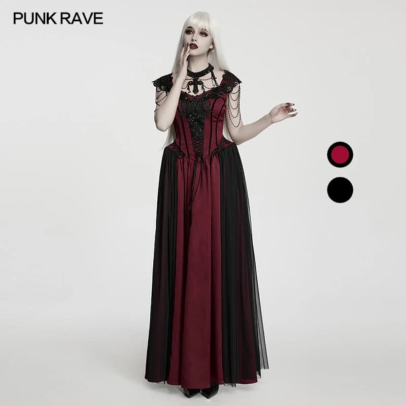 PUNK RAVE Women's Victorian Gothic Upper Body Fishbone Support Dress Embroidery V Neckline Birthday Party Dance Gorgeous Dresses