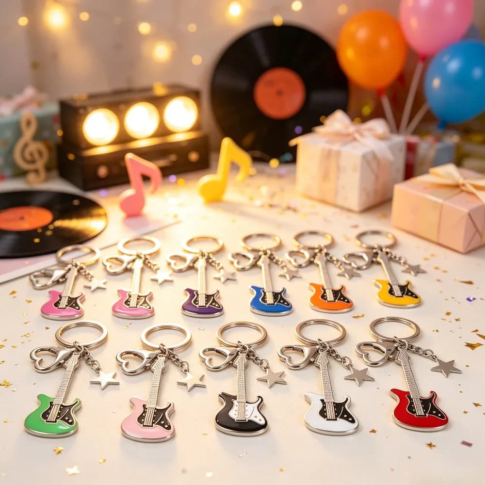 10/20Pcs Rock Electric Guitar Keychain Enamel Metal Star Heart Pendant Music Fan Keyring Cool Bag Accessory Party Favor Supplies