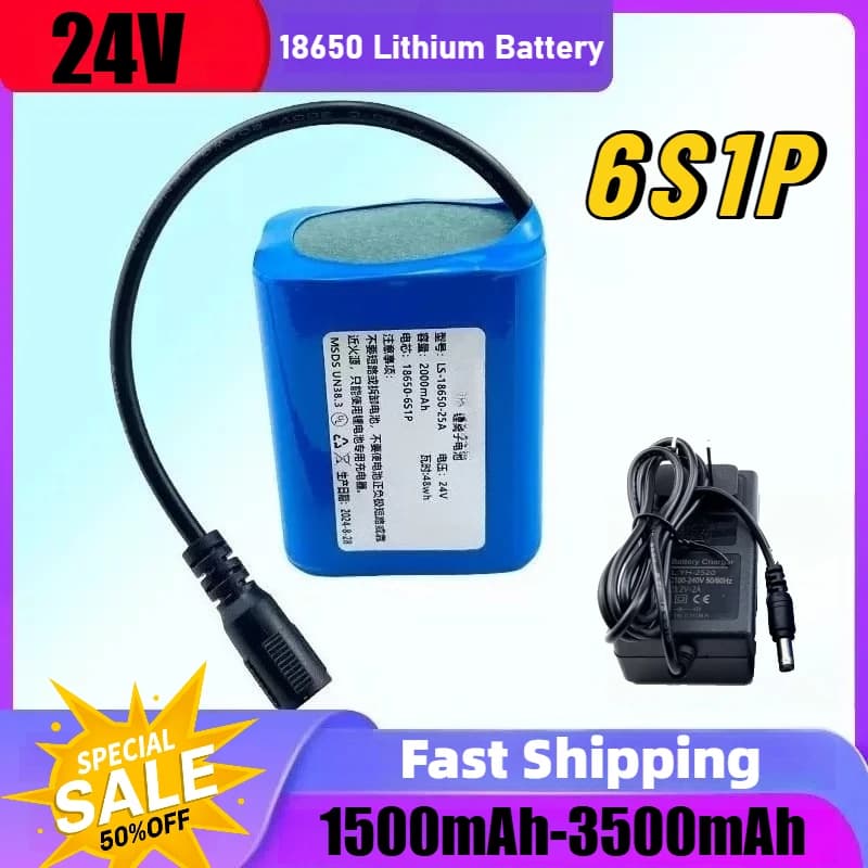 24V 1500-3500mAh 6S1P 18650 Lithium Battery Pack for Fascia Gun, Fan, Heating Suit, Air-conditioned Suit, RC Bait Boat Batteries