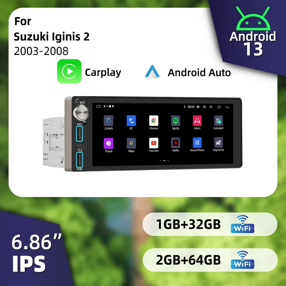 Autoradio Wireless CarPlay Android con Schermo da 6.86 Pollici 1 Din per Suzuki Iginis 2 2003-2008 Radio GPS