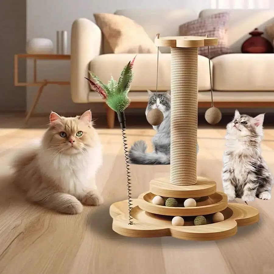 4-In-1 Wooden Cat Scratch Pole With Interactive Track Ball, Hanging Toy And Teaser Stick