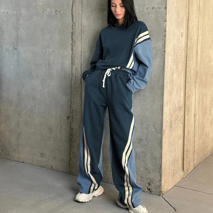 Sweatshirt Suit Women 2 Piece Sets Sports Top Straight Pants Drawstring Lace Up Patchwork Striped Outfits Sportswear Tracksuit