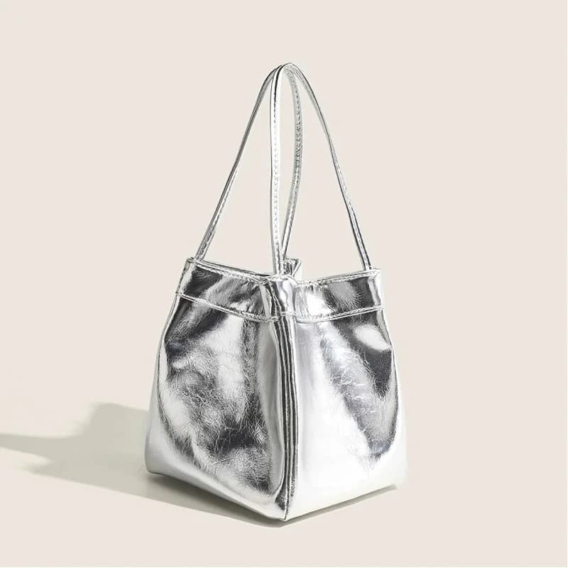 Shiny Metallic Silver Bucket Bag Women's Handbag Y2K Purse