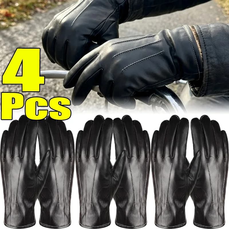 Thermal PU Leather Gloves Unisex Winter Warm Windproof Touchscreen Riding Mittens for Outdoor Motorcycle Bicycle Commute Driving