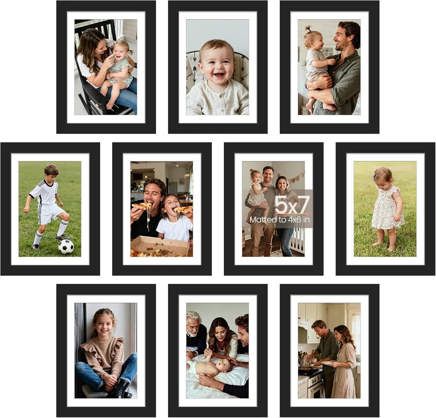Set of 10 Black Frames 5x7, for Photo 4x6 with Passepartout or 5x7 Without, Versatile for Wall or Table Collage