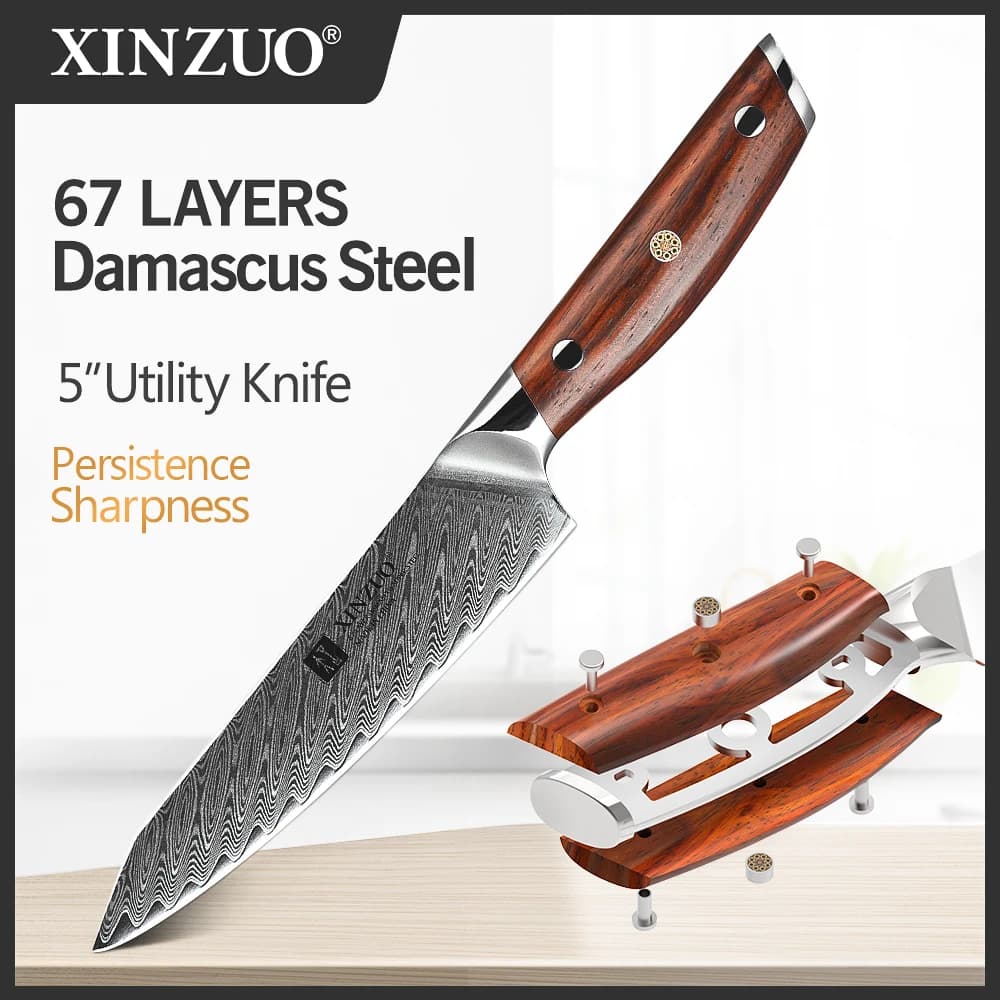 XINZUO 5" Multipurpose knife Japanese style VG10 Damascus steel 62 HRC Kitchen knife Multifunction Chef Kitchen knives Steel fruit knives