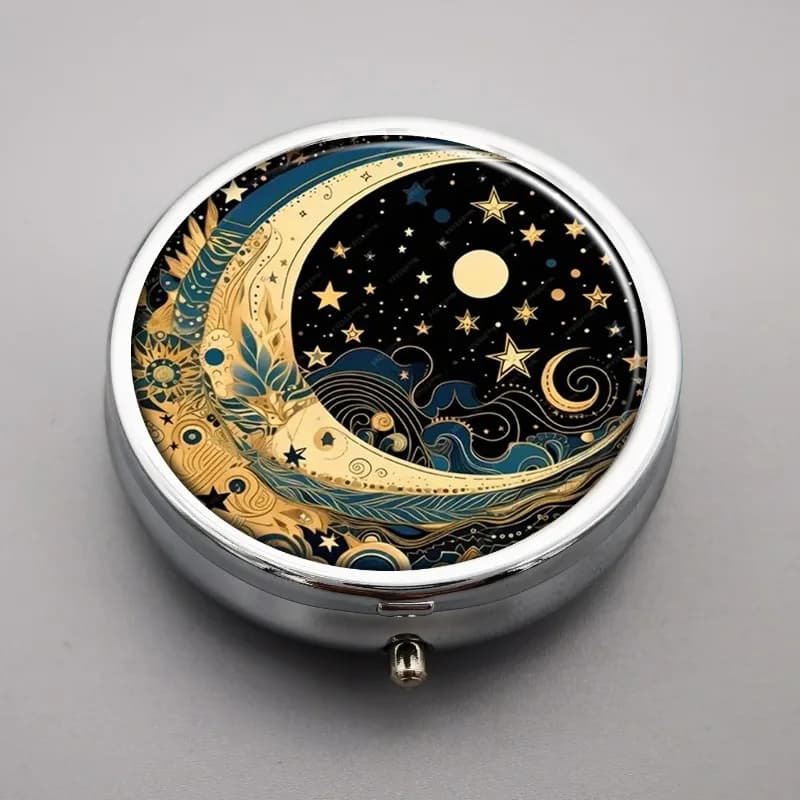 1 Cartoon Star and Moon Pill Box, 3-Compartment Pill Box, Portable Pill Box, Suitable for Use as a Wallet Pill Box, Decorative Metal Medicine and Vitamin Organizer, Unique Gift
