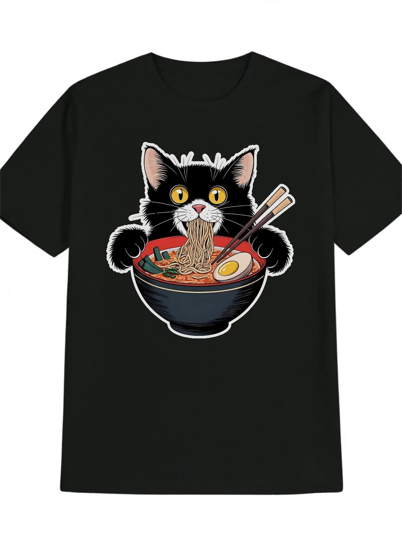 Funny Men's Black Graphic T-Shirt Cat Ramen Noodle Bowl Chopsticks Egg Soup Cartoon Food Print 100% Cotton Heavyweight Short Sleeve Casual Streetwear Tee