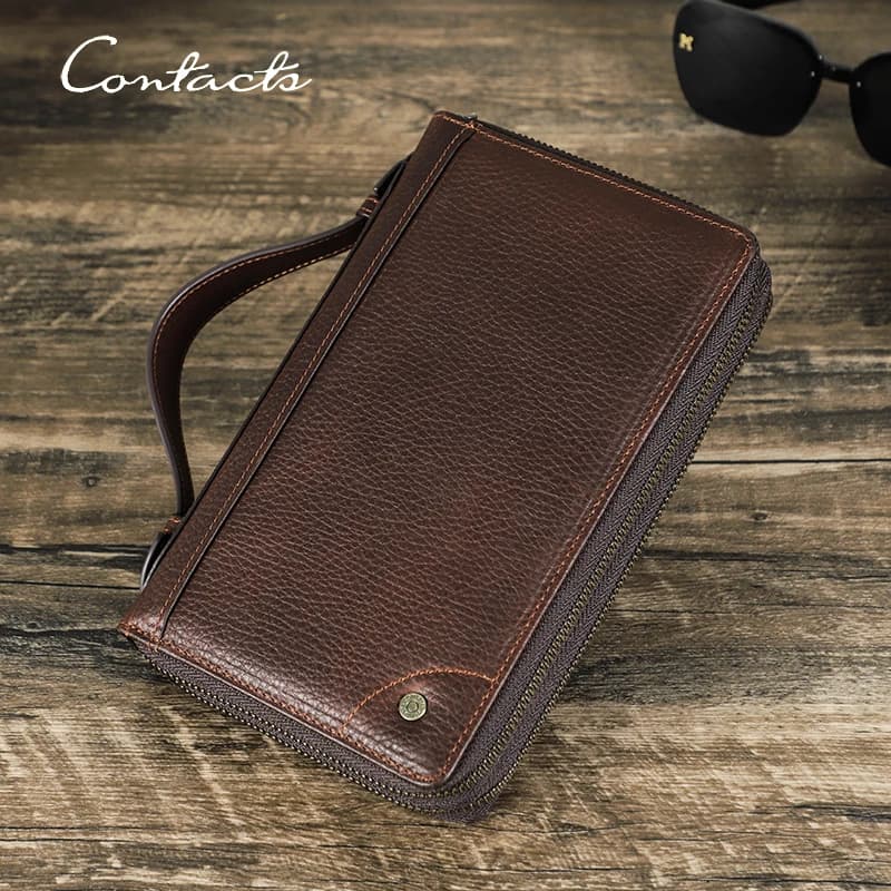 Clutch wallet in Real Leather CONTACT'S for Men, Long Clutch Bag Retro with Hinge, Phone Pocket, Card Holder, Passport Case, AirTag Wallet