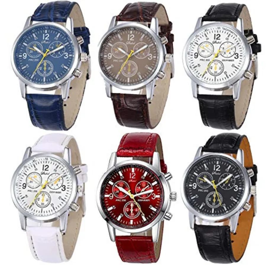 Set di 6 Orologi da Polso da Uomo in Pelle con Movimento al Quarzo, Stile Casual Elegante, Vendita all'Ingrosso, Confezione da 6 Pezzi-C005