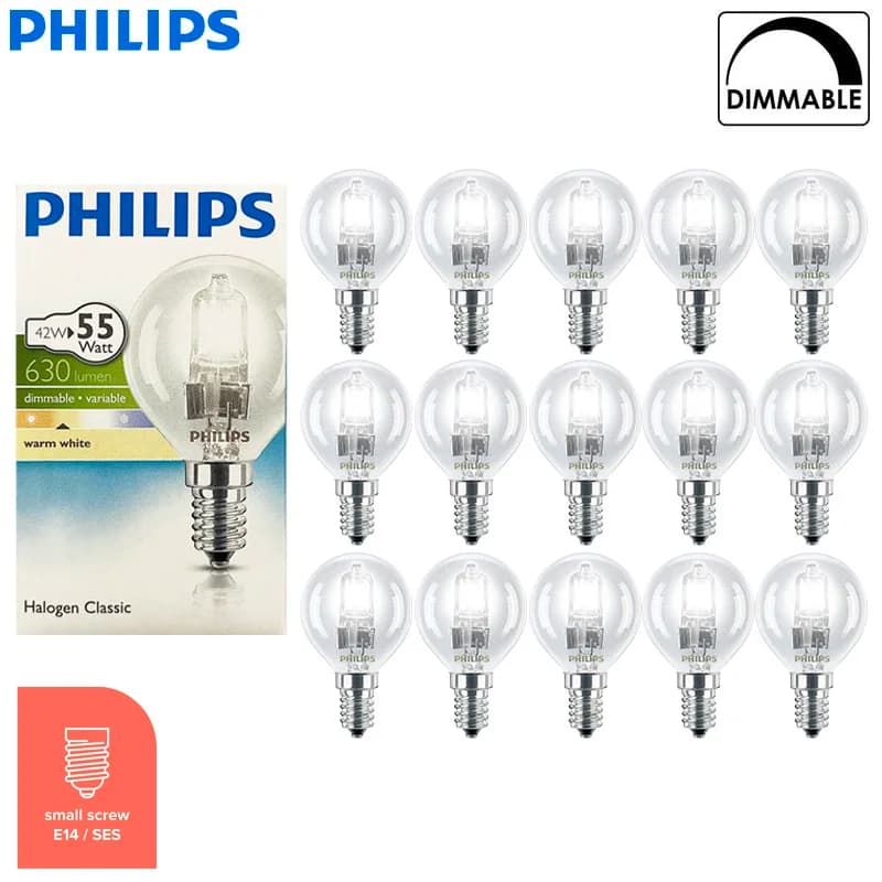 Philips 42W Golf Ball Standard Lamp E14 Edison Screw Halogen Classic P45 Eqv to 55W Dimmable White Light 220‑240V Bulb