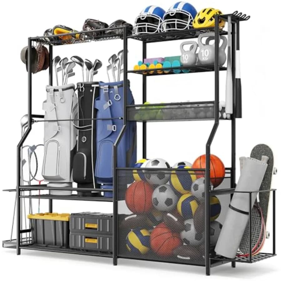 Organizzatore per Attrezzature Sportive da Garage, Supporto per 3 Sacche da Golf, Porta Palline Resistente con Cesto e Ganci per Giocattoli e Attrezzature Sportive