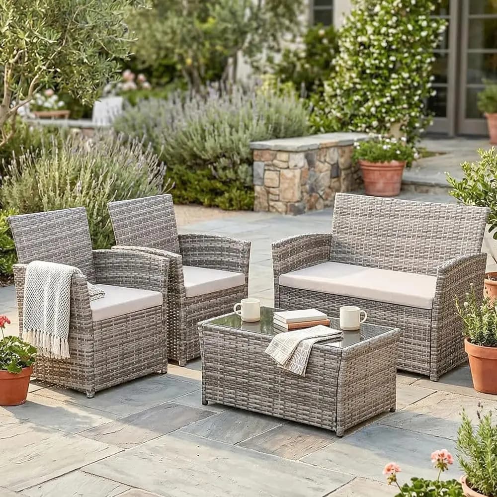 Set of 4 Pieces with Table, Sofa, Garden chairs and cushions, Balcony, Courtyard or Pool