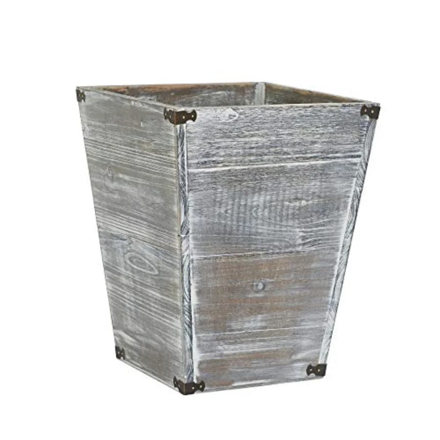 Cestino per Rifiuti Quadrato in Legno Bruciato Stile Rustico Grigio con Supporti Decorativi in Metallo per Camera da Letto, Soggiorno e Bagno