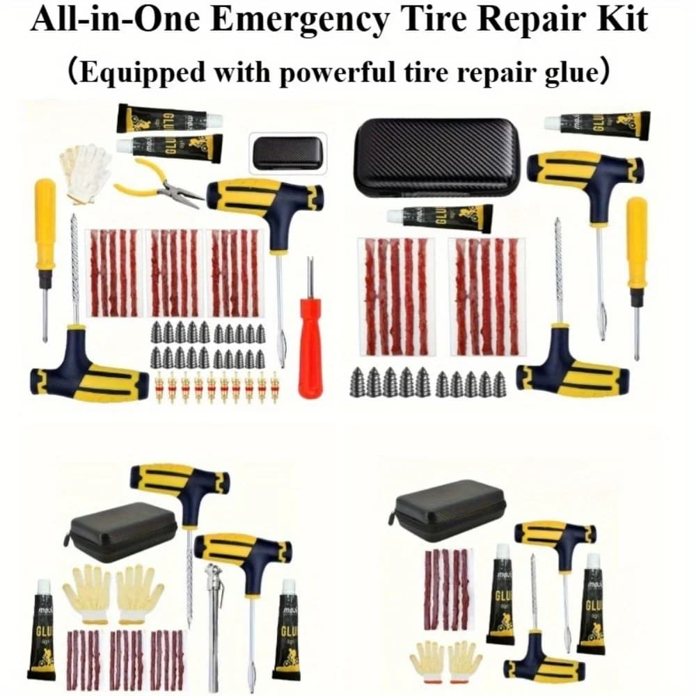 Kit di riparazione di pneumatici di emergenza all-in-one - Colla forte, strisce di gomma resistenti e strumenti di inserimento - Fissa punture