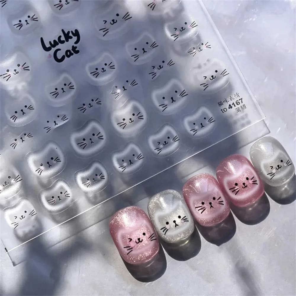 Adesivi per unghie e decorazioni per manicure con effetto a rilievo, a tema: faccina di gatto con effetto alone bianco, tazza, giocattolo nero e arancione, ombrello, cuore, gattino, torta