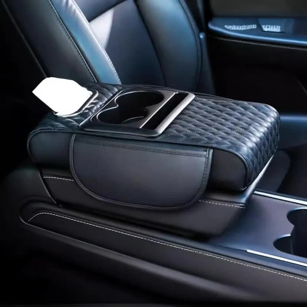 Custodia per bracciolo per auto, scatola per bracciolo per auto, organizer con portabicchieri, borsa multifunzionale in ecopelle, slot per telefono in tessuto per la maggior parte